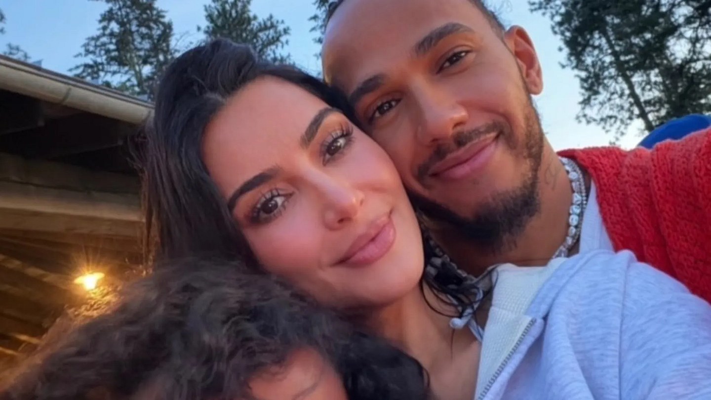 Kim Kardashian poses with Lewis Hamilton and her daughter in rare photo